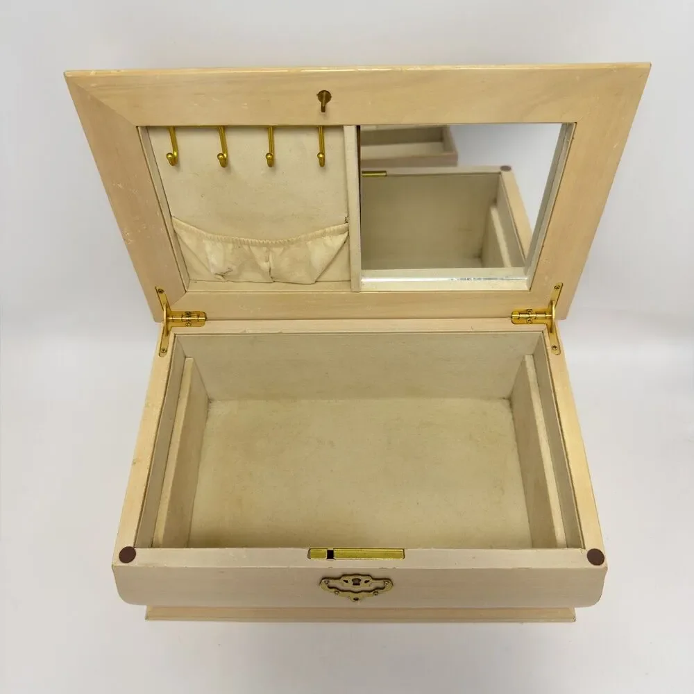 2-Tier Wooden Jewelry Organizer with Necklace Hooks, Mirror & Removable Tray